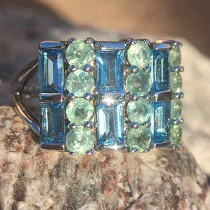 Swiss Blue Topaz Green Kyanite .925 Statement Ring Sterling Silver Genuine Gems